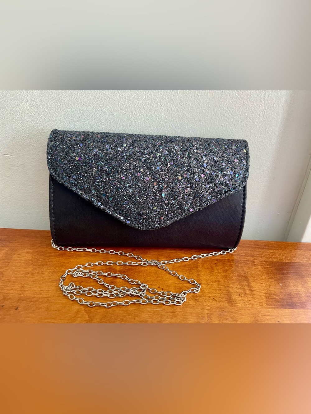 Black Glitter Envelope Clutch with Chain Strap NWOT